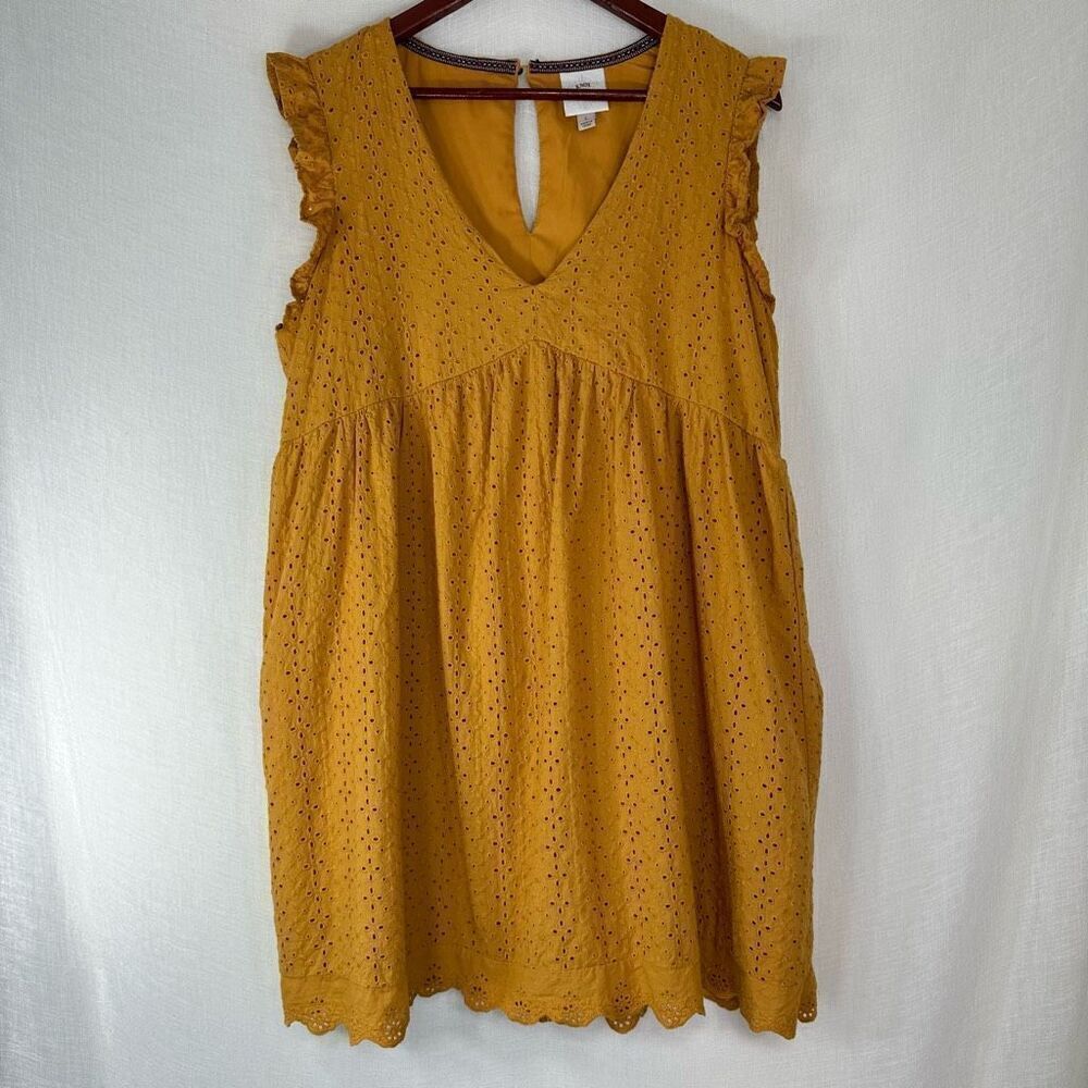 Knox Rose Mustard Yellow Eyelet Babydoll Mini Dress Womens Large Boho Cottage